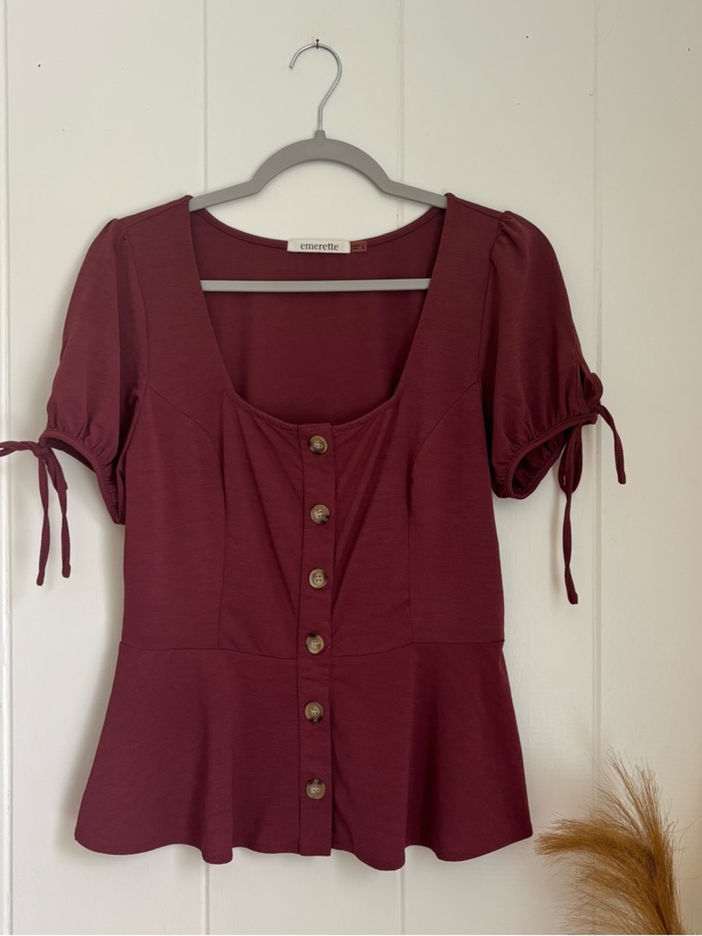 emerette Wine Red Button-Front Peplum Blouse